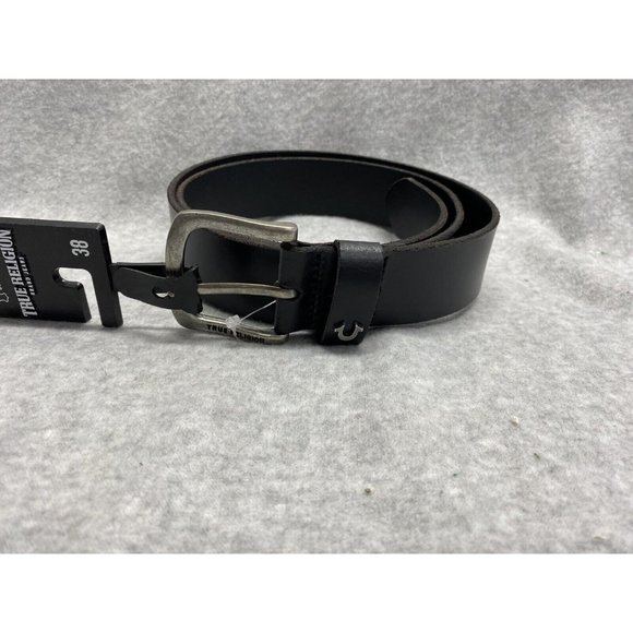 True Religion Mens Belt Black Genuine Leather Silver Buckle Horseshoe Sz 38 NWT - Picture 1 of 6